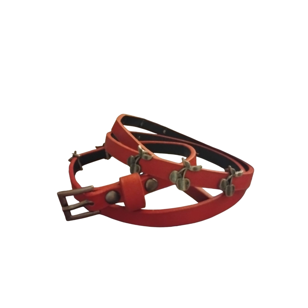 Retro Red Leather Belt with Cherry Belt Accents Thin Chic Playful Vibrant 30-34"